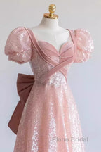 Pretty A Line Sweetheart Short Sleeves Long Evening Party Dresses Pink Formal Prom Dresses