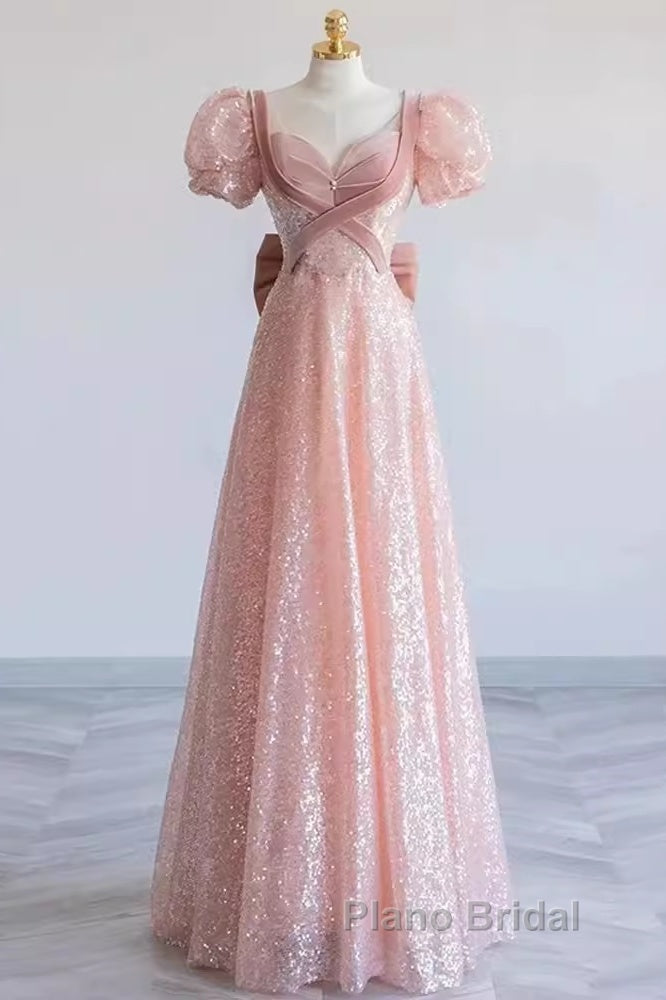 Pretty A Line Sweetheart Short Sleeves Long Evening Party Dresses Pink Formal Prom Dresses