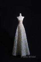 Pretty A Line Sweetheart Tulle Floral Long Formal Prom Dresses Evening Gowns