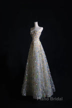 Pretty A Line Sweetheart Tulle Floral Long Formal Prom Dresses Evening Gowns