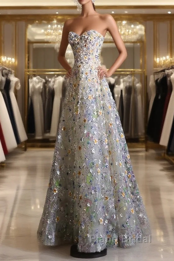 Pretty A Line Sweetheart Tulle Floral Long Formal Prom Dresses Evening Gowns Main image