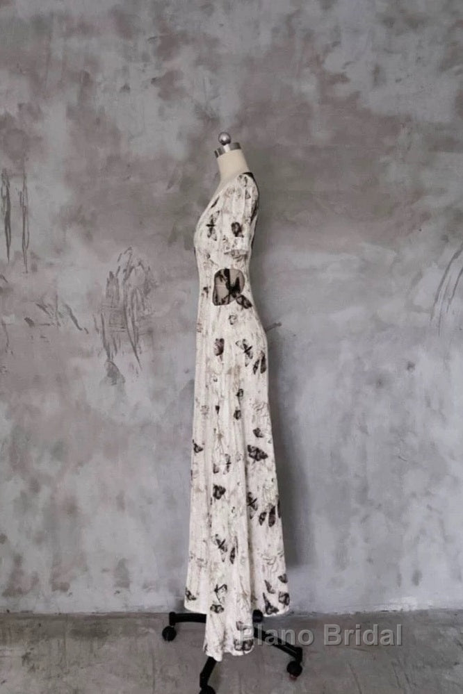 Pretty A Line V Neckline Floral Long Formal Prom Dresses Birthday Dresses For Women