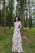 Pretty A Line V Neckline Floral Long Formal Prom Dresses Birthday Dresses For Women