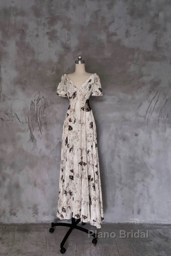 Pretty A Line V Neckline Floral Long Formal Prom Dresses Birthday Dresses For Women