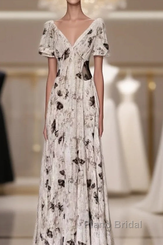 Pretty A Line V Neckline Floral Long Formal Prom Dresses Birthday Dresses For Women Main image