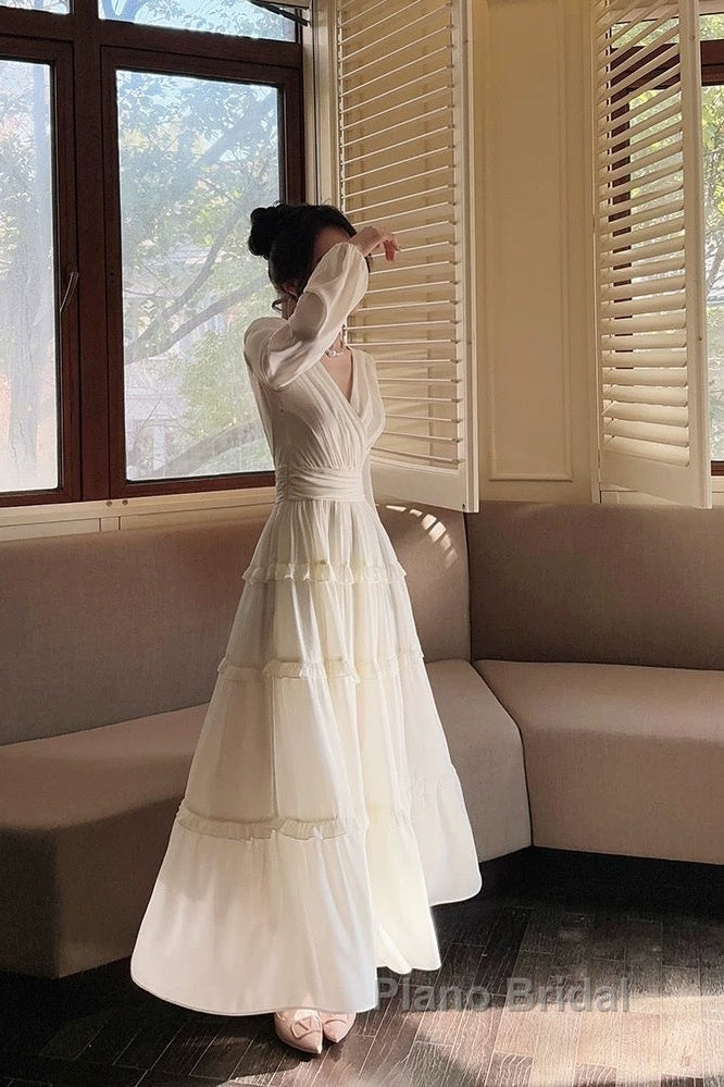 Pretty A Line V Neckline Long Sleeves Chiffon White Ankle Length Evening Dresses Formal Prom Dresses Secondary image