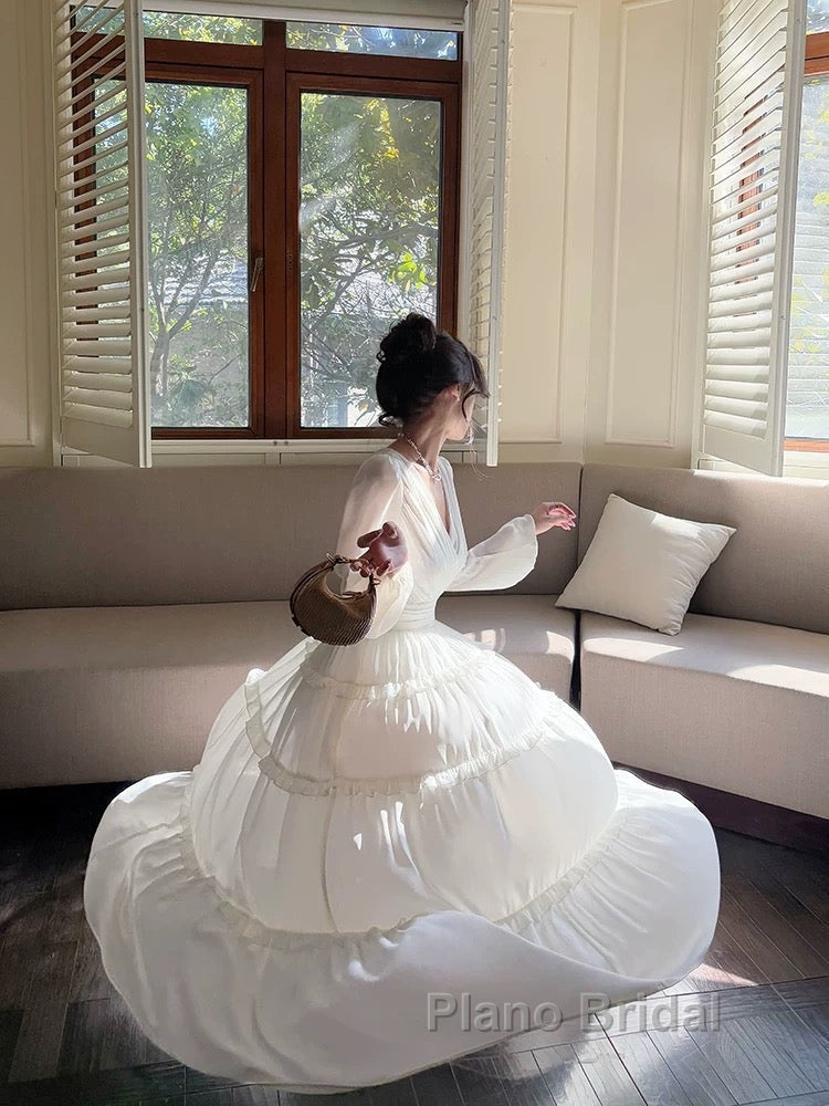 Pretty A Line V Neckline Long Sleeves Chiffon White Ankle Length Evening Dresses Formal Prom Dresses