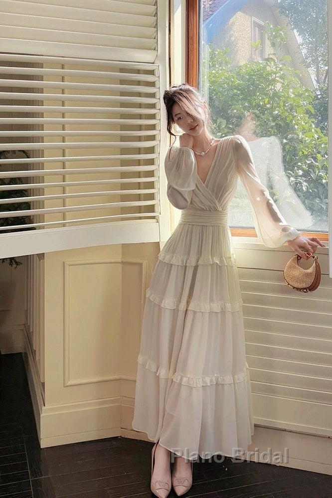 Pretty A Line V Neckline Long Sleeves Chiffon White Ankle Length Evening Dresses Formal Prom Dresses