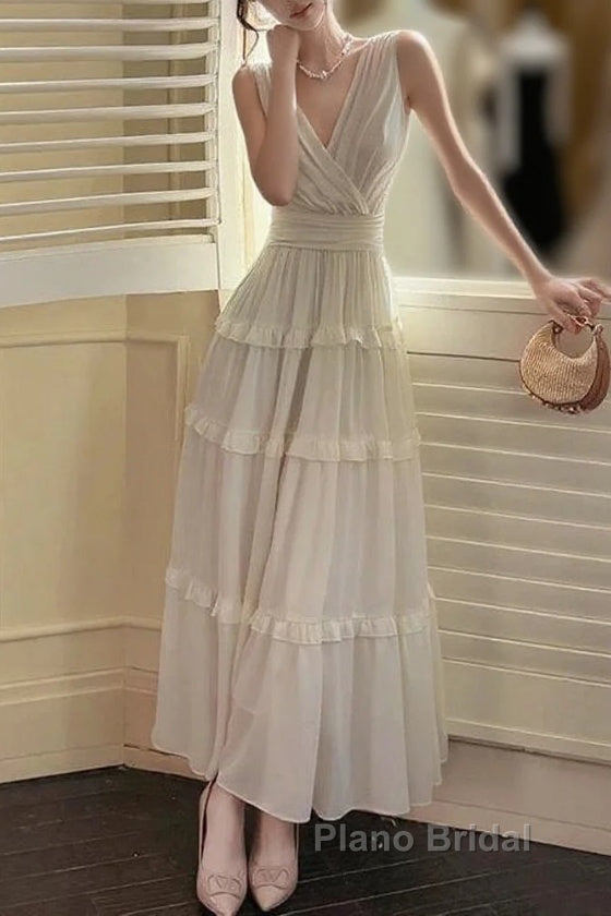 Pretty A Line V Neckline Long Sleeves Chiffon White Ankle Length Evening Dresses Formal Prom Dresses Main image