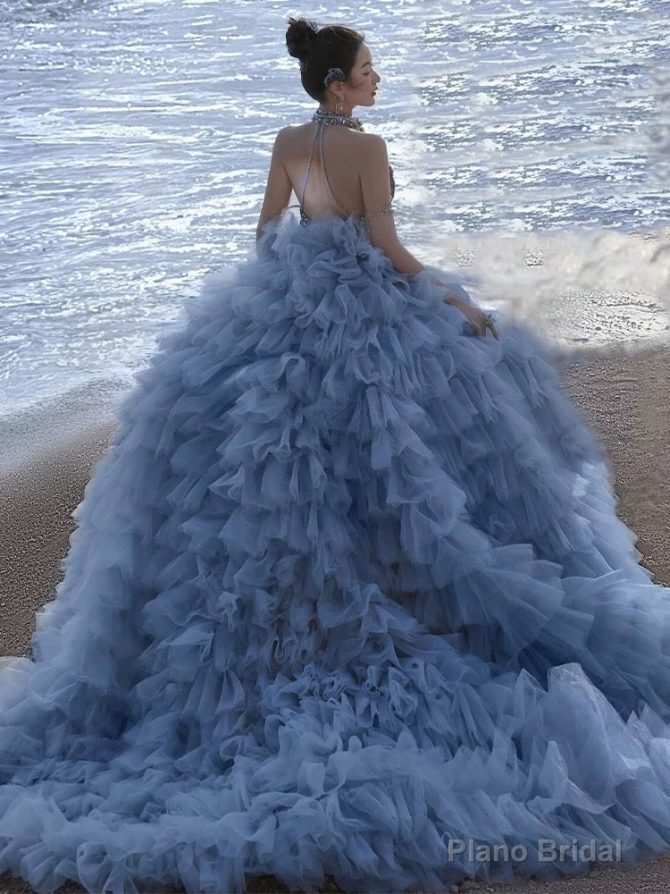 Pretty Ball Gown High Neckline Tulle Layers Long Blue Ruffles Prom Dresses Sweet 16 Dresses