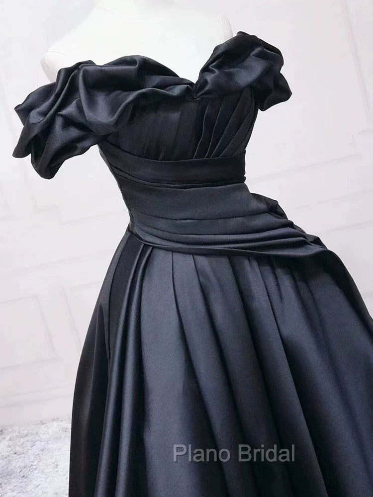 Pretty Ball Gown Off The Shoulder Black Satin Formal Prom Dresses Evening Dresses With Pleated Secondary image