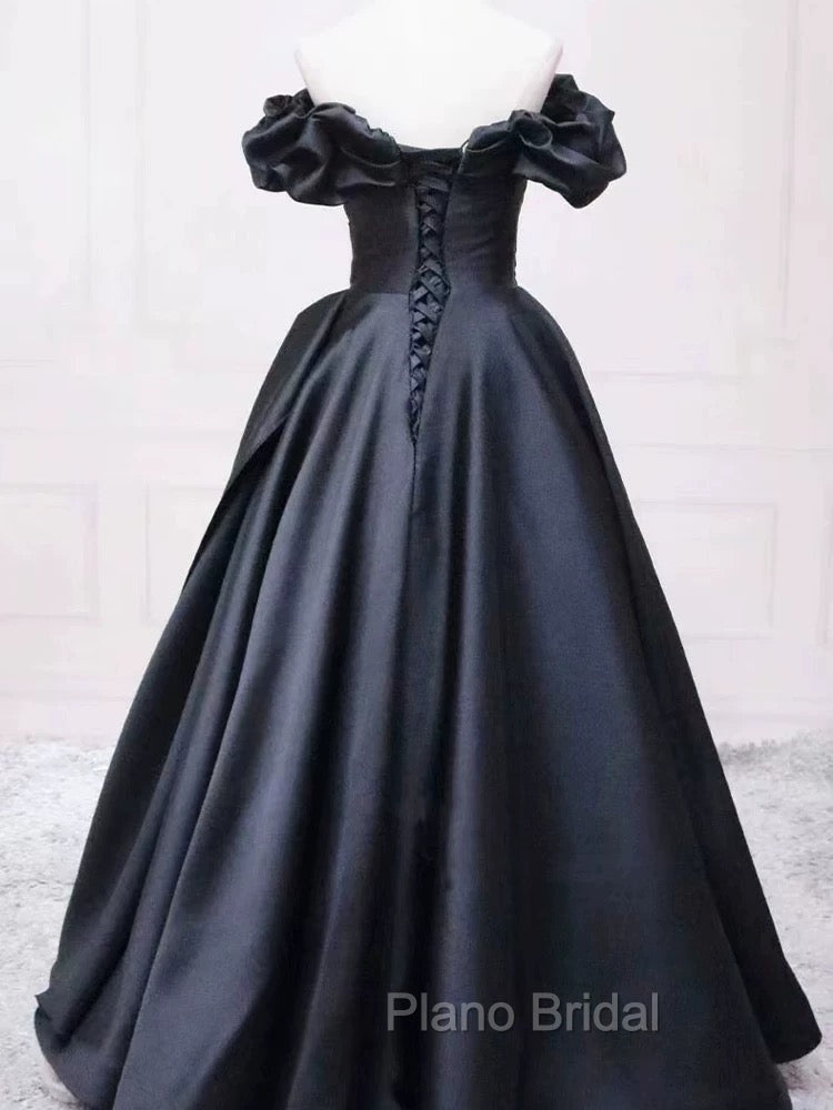 Pretty Ball Gown Off The Shoulder Black Satin Formal Prom Dresses Evening Dresses With Pleated