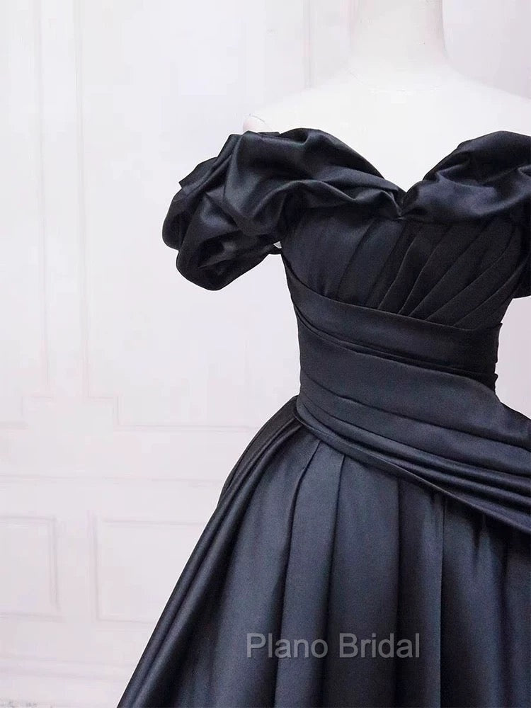 Pretty Ball Gown Off The Shoulder Black Satin Formal Prom Dresses Evening Dresses With Pleated