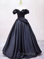 Pretty Ball Gown Off The Shoulder Black Satin Formal Prom Dresses Evening Dresses With Pleated