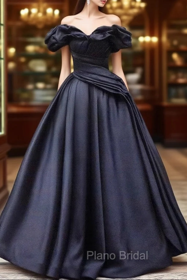 Pretty Ball Gown Off The Shoulder Black Satin Formal Prom Dresses Evening Dresses With Pleated Main image