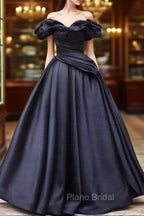 Pretty Ball Gown Off The Shoulder Black Satin Formal Prom Dresses Evening Dresses With Pleated