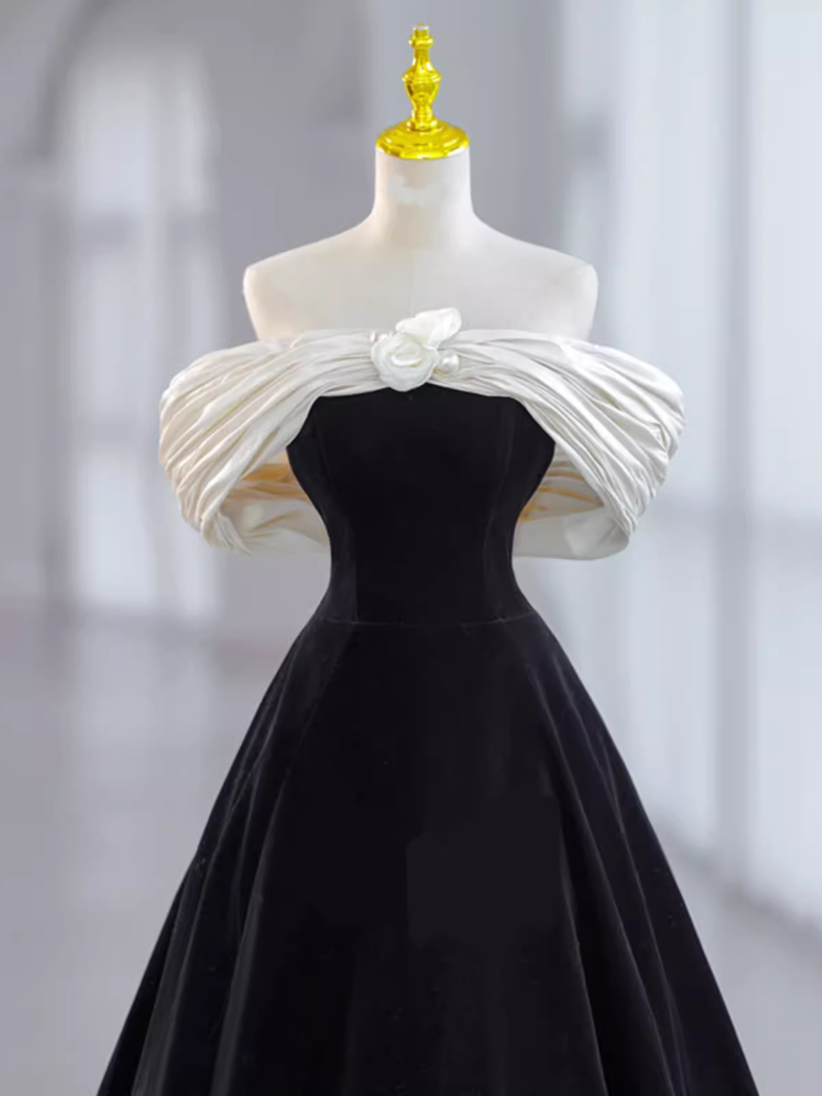 Pretty Ball Gown Off The Shoulder Black Velvet Prom Dresses Formal Prom Dresses With Flower PD0043