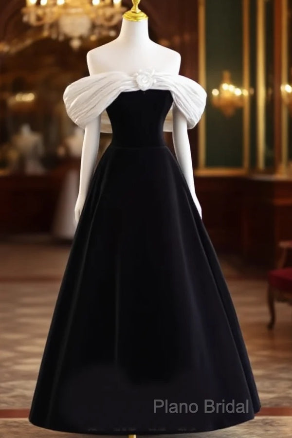 Pretty Ball Gown Off The Shoulder Black Velvet Formal Party Dresses Formal Prom Dresses With Flower Main image