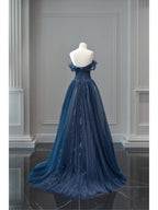 Pretty Ball Gown Off The Shoulder Navy Blue Tulle Long Formal Prom Dresses Party Dresses