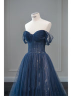 Pretty Ball Gown Off The Shoulder Navy Blue Tulle Long Formal Prom Dresses Party Dresses