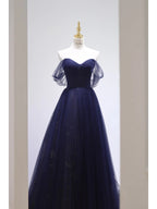 Pretty Ball Gown Off The Shoulder Navy Blue Tulle Long Formal Prom Dresses Party Dresses