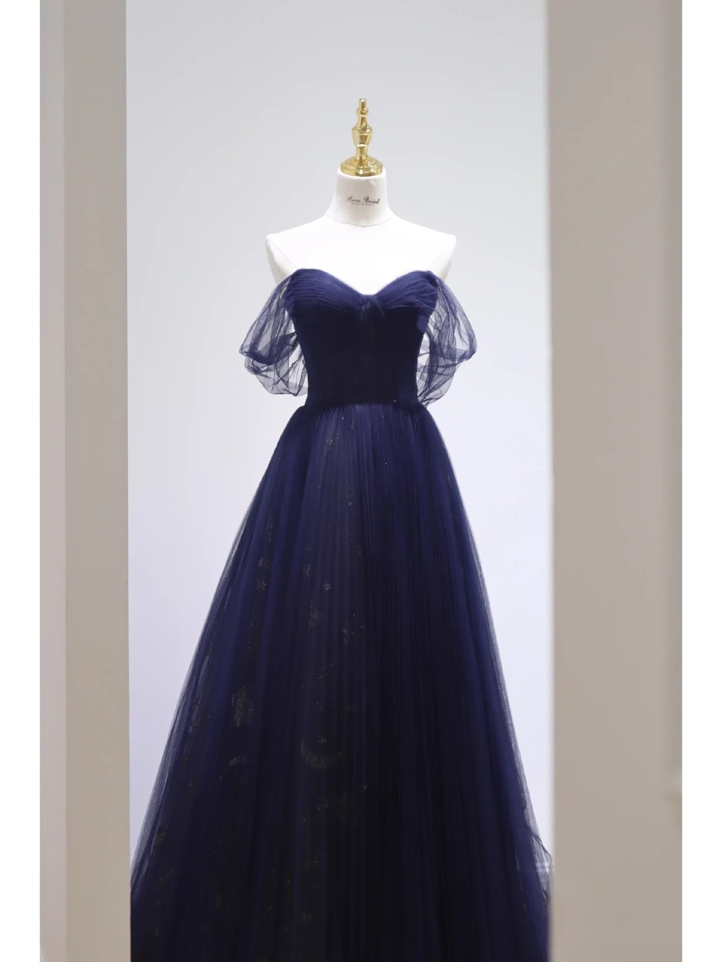 Pretty Ball Gown Off The Shoulder Navy Blue Tulle Long Formal Prom Dresses Party Dresses