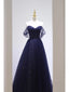 Pretty Ball Gown Off The Shoulder Navy Blue Tulle Long Formal Prom Dresses Party Dresses