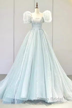 Pretty Ball Gown Square Neckline Short Sleeves Long Evening Party Dresses Formal Prom Dresses