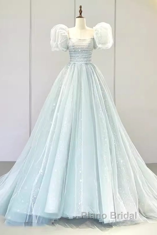 Pretty Ball Gown Square Neckline Short Sleeves Long Evening Party Dresses Formal Prom Dresses