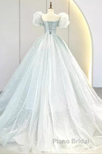 Pretty Ball Gown Square Neckline Short Sleeves Long Evening Party Dresses Formal Prom Dresses