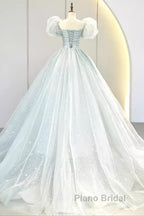 Pretty Ball Gown Square Neckline Short Sleeves Long Evening Party Dresses Formal Prom Dresses