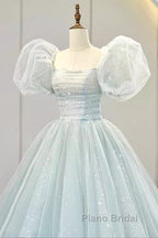 Pretty Ball Gown Square Neckline Short Sleeves Long Evening Party Dresses Formal Prom Dresses