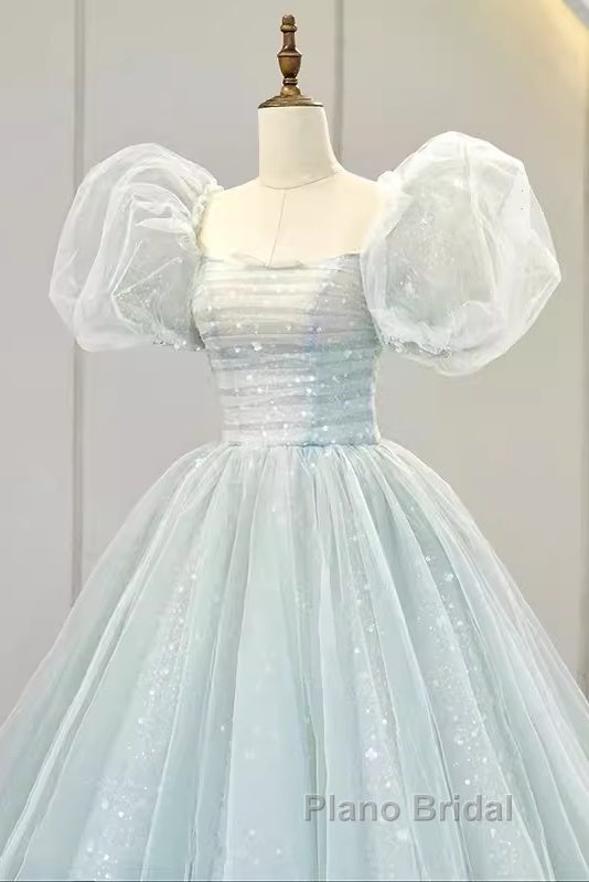 Pretty Ball Gown Square Neckline Short Sleeves Long Evening Party Dresses Formal Prom Dresses