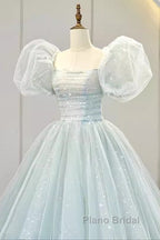 Pretty Ball Gown Square Neckline Short Sleeves Long Evening Party Dresses Formal Prom Dresses