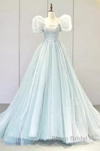 Pretty Ball Gown Square Neckline Short Sleeves Long Evening Party Dresses Formal Prom Dresses