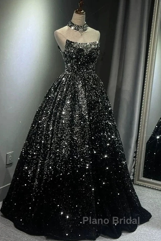 Pretty Ball Gown Strapless Black Sequin Formal Prom Dresses Evening Dresses Secondary image