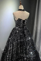 Pretty Ball Gown Strapless Black Sequin Formal Prom Dresses Evening Dresses