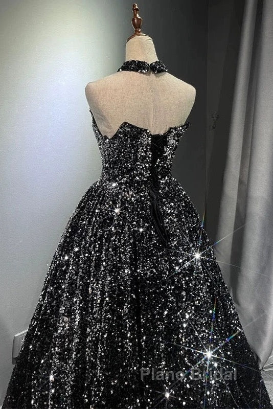 Pretty Ball Gown Strapless Black Sequin Formal Prom Dresses Evening Dresses