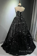 Pretty Ball Gown Strapless Black Sequin Formal Prom Dresses Evening Dresses