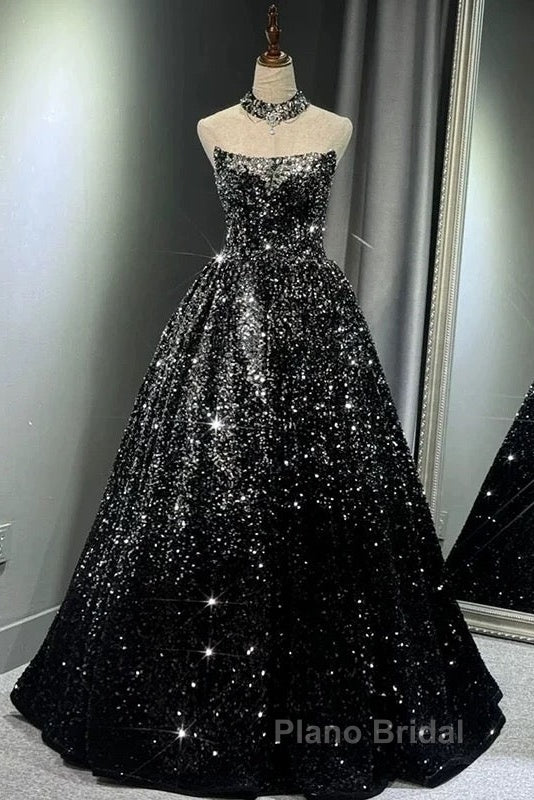 Pretty Ball Gown Strapless Black Sequin Formal Prom Dresses Evening Dresses