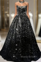 Pretty Ball Gown Strapless Black Sequin Formal Prom Dresses Evening Dresses
