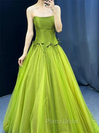 Pretty Ball Gown Strapless Bud Green Tulle Formal Prom Dresses Evening Dresses