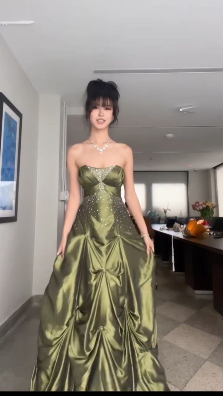 Pretty Ball Gown Strapless Green Satin Long Formal Prom Dresses With Silver Beads Main image