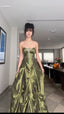 Pretty Ball Gown Strapless Green Satin Long Formal Prom Dresses With Silver Beads
