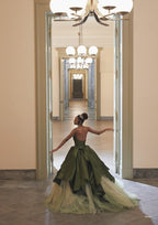 Pretty Ball Gown Strapless Olive Green Long Satin Formal Prom Dresses Formal Evening Dresses