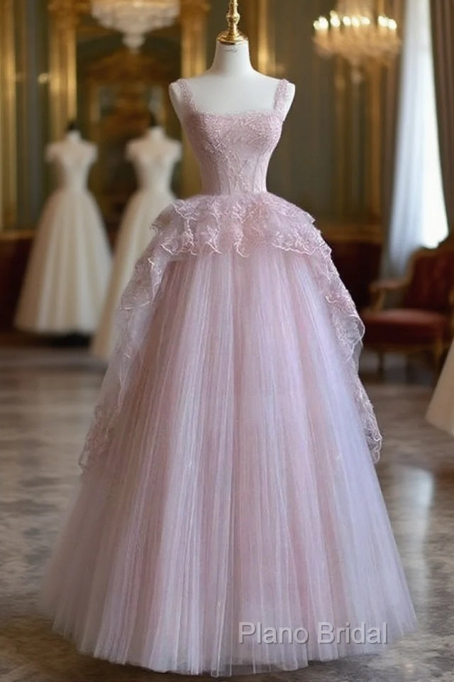 Pretty Ball Gown Strapless Pink Long Lace Formal Prom Dresses Formal Dresses Main image