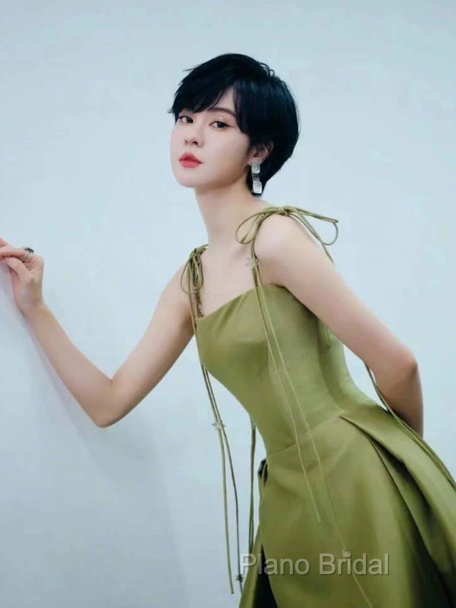Pretty Ball Gown Straps Sage Green Satin Long Length Formal Dresses Formal Prom Dresses
