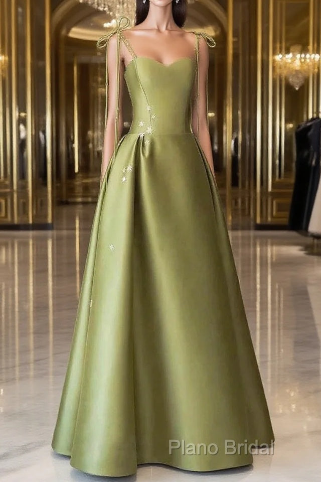 Pretty Ball Gown Straps Sage Green Satin Long Length Formal Dresses Formal Prom Dresses