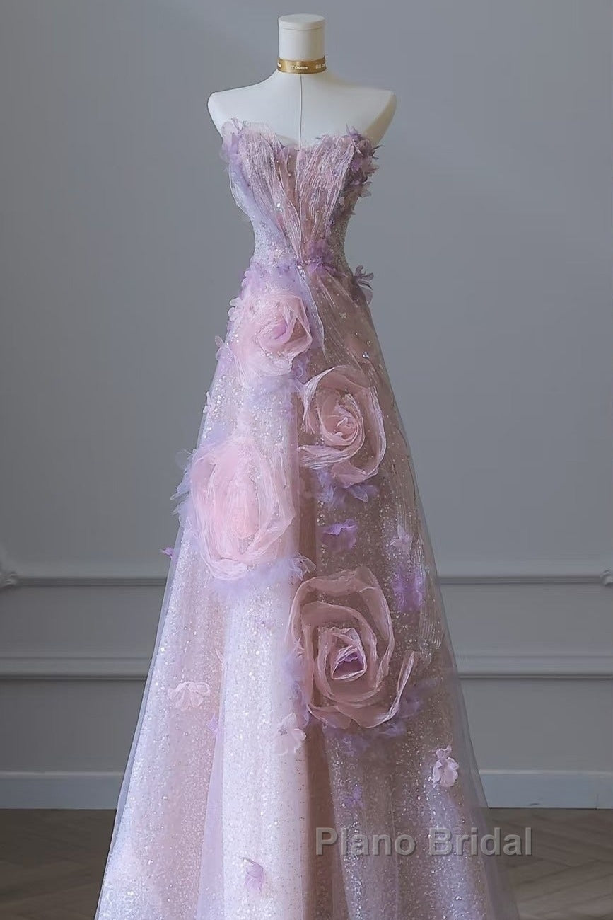Pretty Ball Gown Sweetheart Pink Floral Tulle Long Formal Prom Dresses Evening Gowns