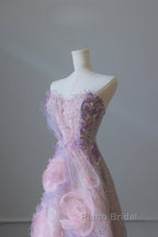 Pretty Ball Gown Sweetheart Pink Floral Tulle Long Formal Prom Dresses Evening Gowns